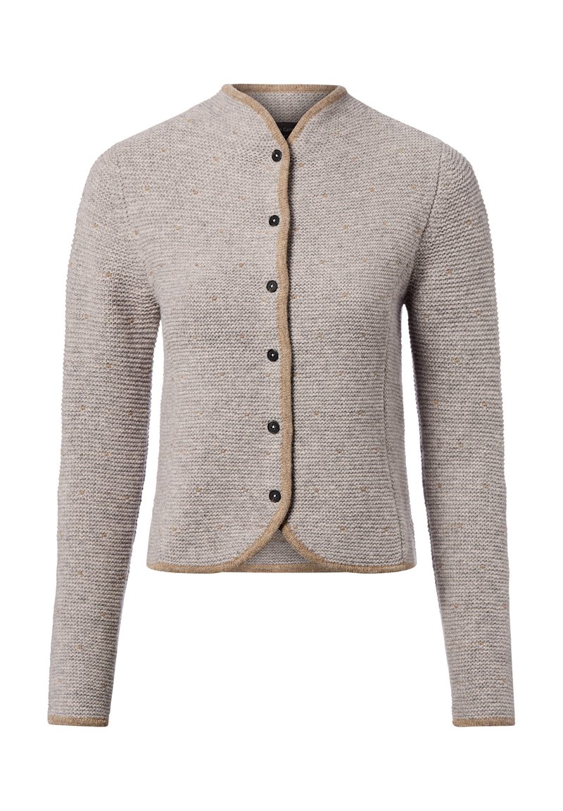 Hellgrauer, gestrickter Cardigan mit rundem Halsausschnitt, schwarzen Knöpfen und kontrastierendem beigen Besatz. Verfügt über ein strukturiertes Muster über die gesamte Fläche.