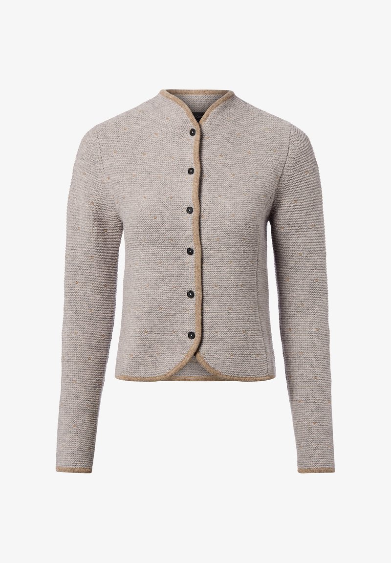 Lichtgrijze gebreide cardigan met een ronde halslijn, zwarte knopen en contrasterende beige afwerking. Heeft een gestructureerd patroon over het hele stuk.