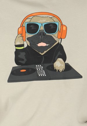 Illustrazione da cartone animato di un bulldog francese che indossa cuffie arancioni e occhiali da sole blu, mentre fa DJ su un giradischi nero con due dischi in vinile.