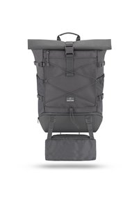 Gray backpack with a roll-top design, featuring adjustable straps, external pockets, and a zippered bottom compartment for added storage.