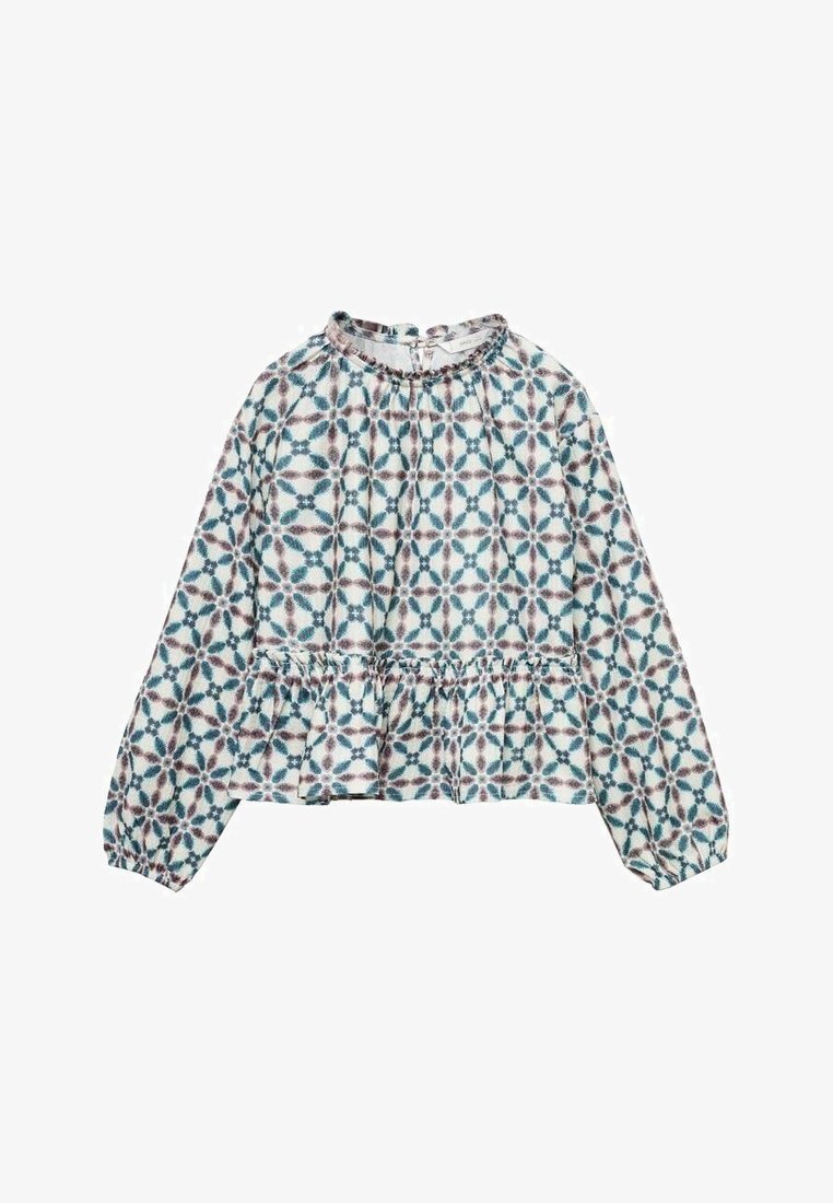 Blouse à manches longues avec taille froncée et ourlet à volants, avec un motif géométrique en bleu sarcelle et marron sur fond blanc.