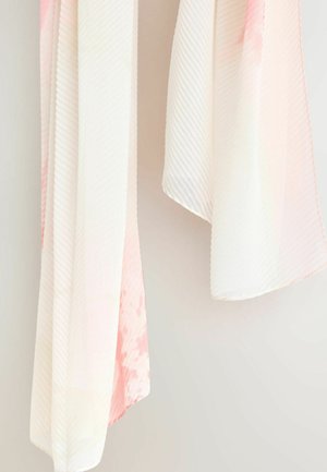 Lett, gennemsigtigt tørklæde lavet af stof med et subtilt teksturmønster. Har blød lyserød og hvid gradient med blide farvesprøjt.