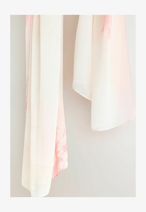 Lightweight, sheer scarf made of fabric with a subtle textured pattern. Features soft pink and white gradient with gentle splashes of color.