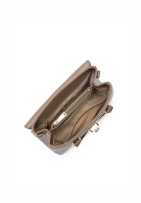 Borsa a tracolla in pelle marrone con chiusura a cerniera, due scomparti interni e una piccola tasca con zip; dettagli in metallo color oro; superficie liscia.