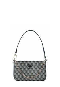 Sac à motifs noirs et gris avec une bandoulière en chaîne argentée, une poignée en cuir et un accent de logo. Forme rectangulaire plate avec fermeture éclair.