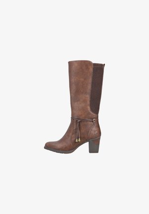Brown knee-high boot with a smooth leather finish, textured side panel, ankle tie detail, and a moderate block heel.