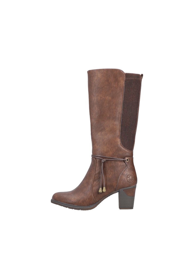 Botte marron haute jusqu'au genou avec une finition en cuir lisse, panneau latéral texturé, détail de laçage à la cheville et un talon bloc modéré.