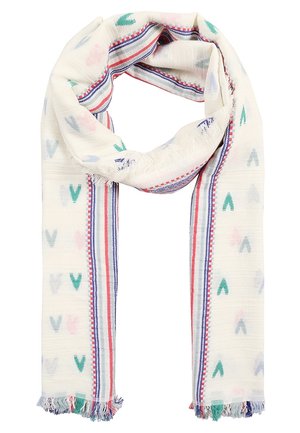 Écharpe beige clair avec motifs en V multicolores, bords rayés rouges et bleus et extrémités à franges, pliée en boucle.