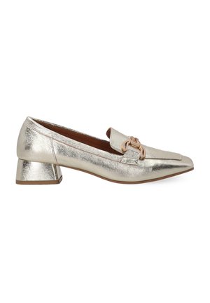 Metallic gold low-heeled loafers with a pointed toe and decorative strap on the vamp. Textured surface with a smooth finish.