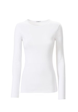 Camicia bianca a maniche lunghe realizzata in tessuto morbido, con colletto rotondo e silhouette aderente. Texture liscia senza motivi né decorazioni.