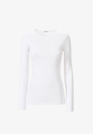 Camicia bianca a maniche lunghe realizzata in tessuto morbido, con colletto rotondo e silhouette aderente. Texture liscia senza motivi né decorazioni.