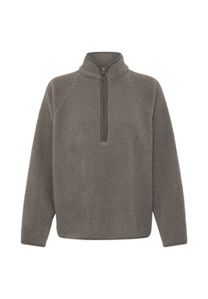 Pull polaire gris à manches longues avec un col montant et une demi-fermeture éclair avec une tirette circulaire au centre devant.