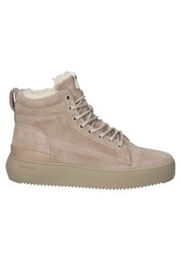 Baskets montantes en suède beige avec doublure en polaire crème, bout rond, lacets à l'avant et semelle épaisse en caoutchouc à fond rainuré.