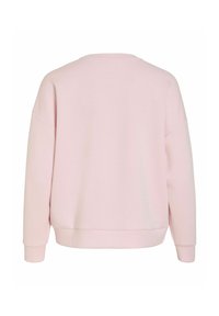 Lys rosa genser med avslappet passform, rund hals, senkede skuldre og ribbestrikkede mansjetter og nederkant. Myk tekstur uten synlige mønstre.