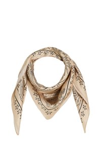 Pañuelo de seda beige con dibujos lineales negros de motivos celestiales y estrellas, con textura suave y forma triangular.