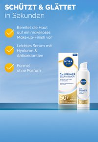 NIVEA SUN 2-in-1 Primer Daily UV Serum in a white bottle with blue accents. Box features blue and gold text, highlighting SPF 50+ protection.