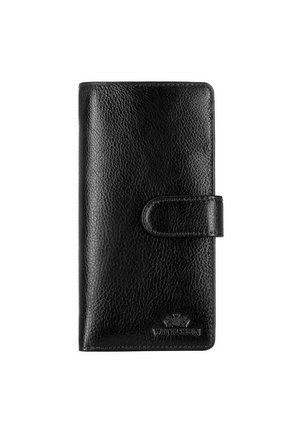 Black leather wallet with a textured finish, featuring a front snap closure and embossed logo detail at the bottom. Slim design.