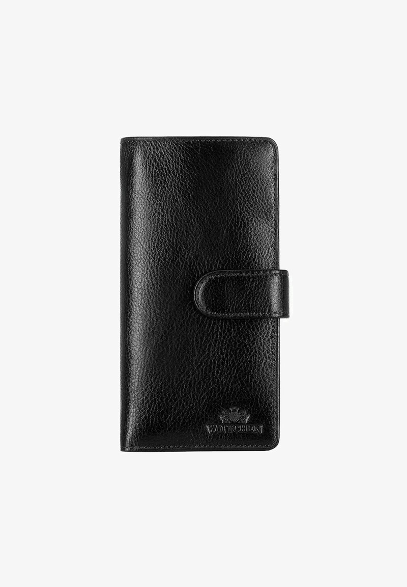 Zwarte leren portemonnee met een gestructureerde afwerking, voorzien van een voorklep met drukknoopsluiting en een reliëf logo-opdruk aan de onderkant. Slank ontwerp.