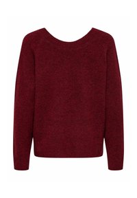 Pull bordeaux avec un large col rond, des manches longues et un tissu tricoté doux et texturé. Ourlet droit et détails minimaux.