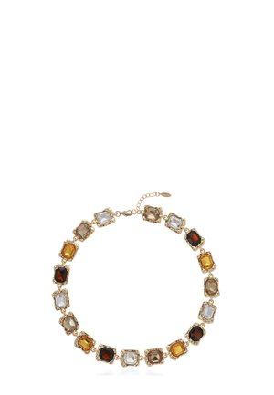 Gold-tone necklace with alternating square-cut gemstones in amber, brown, and clear colors, featuring a small adjustable chain clasp.