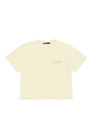 T-shirt in cotone giallo con maniche corte, design accorciato e logo ricamato sottile sul petto sinistro, caratterizzato da una texture morbida.