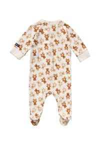Body realizzato in morbido tessuto con uno sfondo beige e stampe di orsetti di peluche marroni e beige sparse. Comprende maniche con polsini.