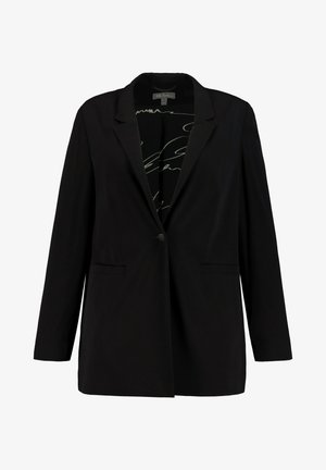 Czarny żakiet z pojedynczym zapięciem na guzik, klapami, dwiema przednimi kieszeniami oraz gładką podszewką z białym wzorem napisu.