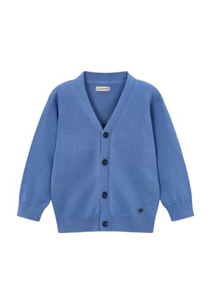 Cardigan blu a maniche lunghe per bambini con scollo a V e quattro bottoni scuri sulla parte anteriore, con polsini e orlo a coste.