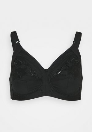 Soutien-gorge noir couvrant entièrement avec bretelles réglables et détails en dentelle florale sur la partie supérieure des bonnets, centré par un petit nœud décoratif.