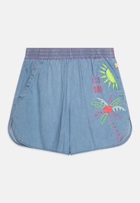 Denim šorti ar elastīgu jostu, ar krāsainiem izšūtiem dizainiem - sauli un palmu, gaiši zilas krāsas ar sānu kabatām.