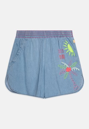 Denim shorts met een elastische tailleband, voorzien van kleurrijke geborduurde ontwerpen van een zon en een palmboom, in lichtblauw met zijzakken.