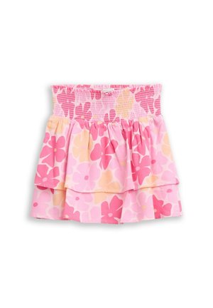 Rosa- und pfirsichfarbener, gestufter Rock mit elastischem, gerafftem Bund und angesammelten Stofflagen für eine ausgestellte Silhouette.