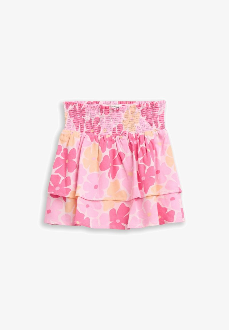 Falda de volantes en tonos rosa y melocotón con cintura elástica fruncida y capas de tela recogidas que crean una silueta acampanada.