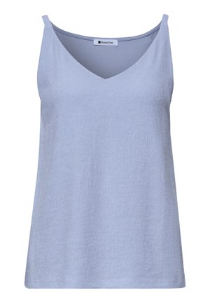 Haut sans manches bleu clair texturé avec col en V et fines bretelles, étiqueté "Street One" à l’intérieur du col.