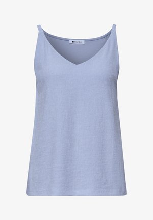 Haut sans manches bleu clair texturé avec col en V et fines bretelles, étiqueté "Street One" à l’intérieur du col.