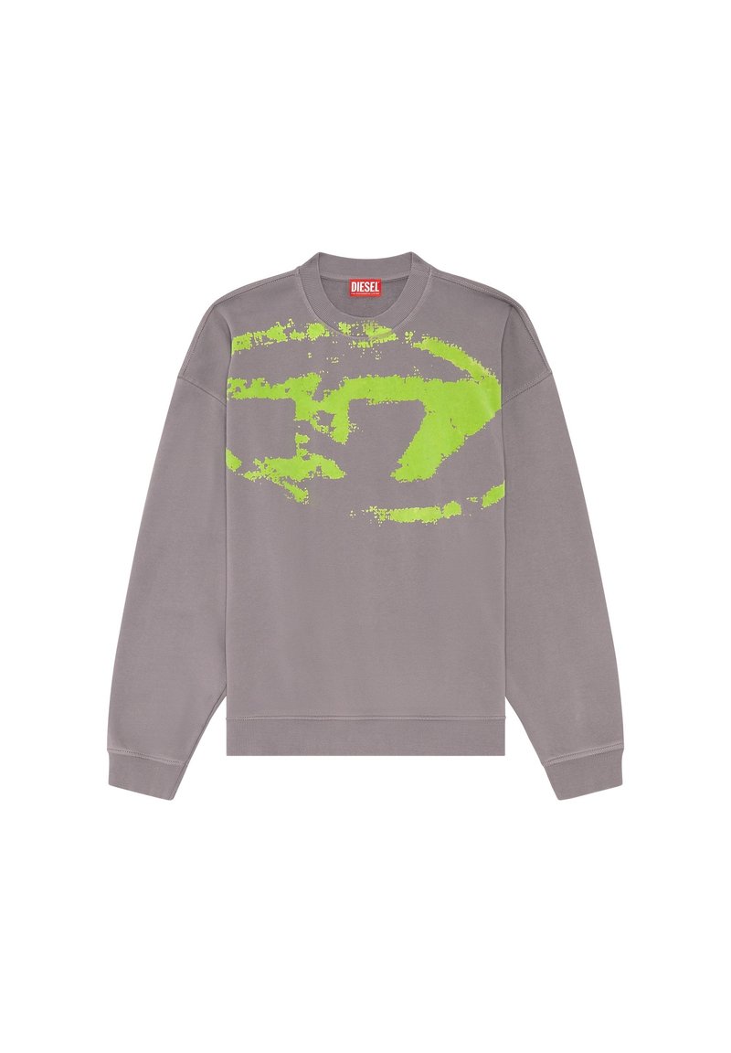Sweatshirt gris avec un grand graphique texturé en néon vert sur le devant, encolure ronde, et poignets et ourlet côtelés.