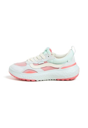 Sneakers with a mix of white and pastel colors, featuring a mesh upper, textured sole, and a chunky design with pink accents.