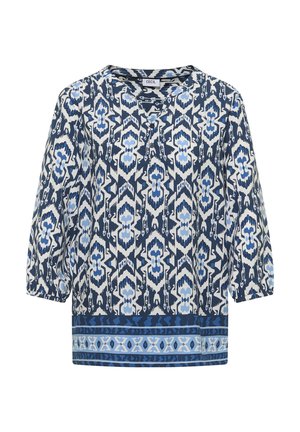 Blouse met lange mouwen met blauw, wit en zwart geometrisch en bloemig patroon, ronde hals met drie knopen en patronen aan de zoom.