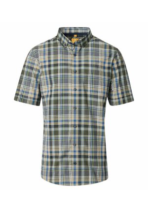 Kurzärmliges kariertes Hemd mit einer Mischung aus Grün, Blau und Beige. Button-down-Kragen mit gleichmäßig verteilten Knöpfen und einer glatten Stofftextur.