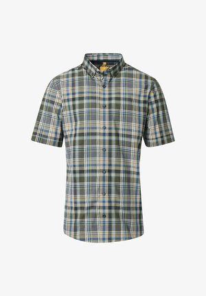 Kurzärmliges kariertes Hemd mit einer Mischung aus Grün, Blau und Beige. Button-down-Kragen mit gleichmäßig verteilten Knöpfen und einer glatten Stofftextur.
