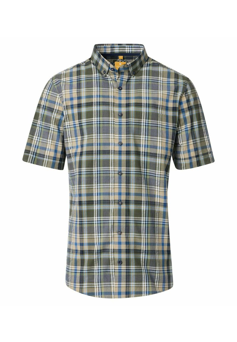 Kortarmig geruit shirt met een mix van groene, blauwe en beige kleuren. Overhemdkraag met gelijkmatig gespreide knopen en een soepele stoftextuur.