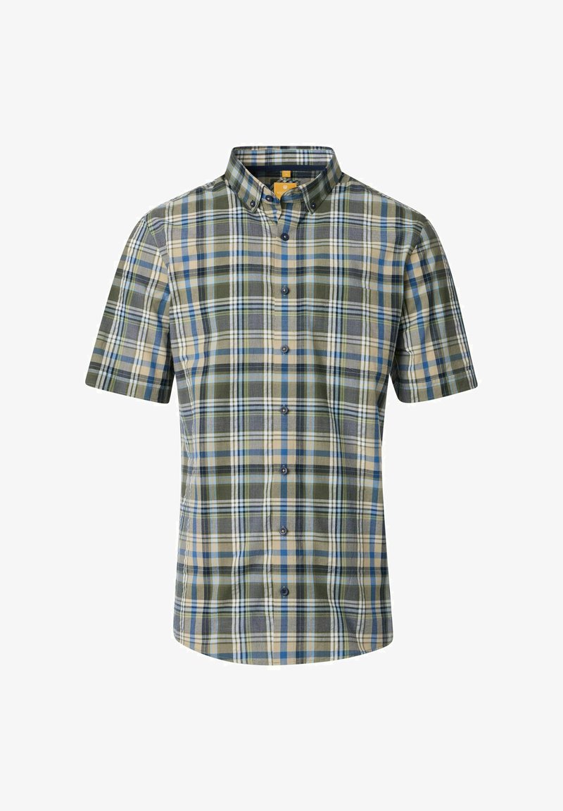 Kortarmig geruit shirt met een mix van groene, blauwe en beige kleuren. Overhemdkraag met gelijkmatig gespreide knopen en een soepele stoftextuur.