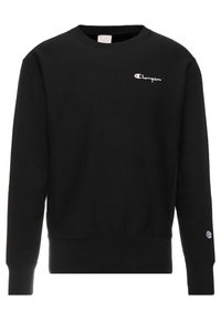 Felpa Champion nera a maniche lunghe con polsini a costine, collo a giro, piccolo logo sul lato sinistro del petto e sulla manica.