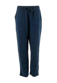 Pantalones de color azul marino, con cintura elástica y cordón de ajuste, diseño de pierna recta, textura suave y sin patrones visibles ni detalles de herrajes.