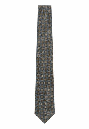Blåt slips med gentaget mønster af beige og brune ornamenterede blomsterformer jævnt fordelt på stoffet.