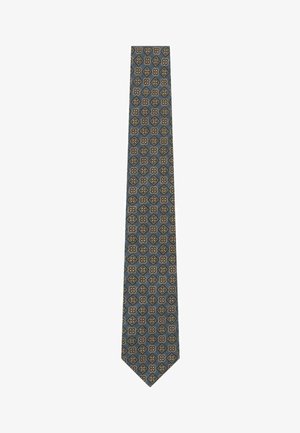 Blaue Krawatte mit wiederholendem Muster aus beigen und braunen verzierten Blumenformen, gleichmäßig über den Stoff verteilt.