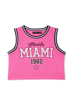 Top corto rosa senza maniche in mesh con bordi bianchi e neri, scritta "Florida MIAMI 1982" e grafica di una stella sul davanti.