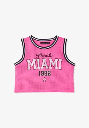 Różowy siateczkowy krótki top bez rękawów z czarno-białymi obramowaniami, napisem "Florida MIAMI 1982" i grafiką gwiazdy na przodzie.