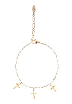 Arany lánc karkötő kis fehér gyöngyökkel és három arany kereszt medállal, állítható kapoccsal és hosszabbító lánccal.