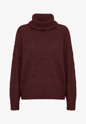 Bordeauxfarbener Rollkragenpullover aus weichem Strickmaterial mit überschnittenen Schultern, weiten Ärmeln und gerippten Bündchen und Kragen.